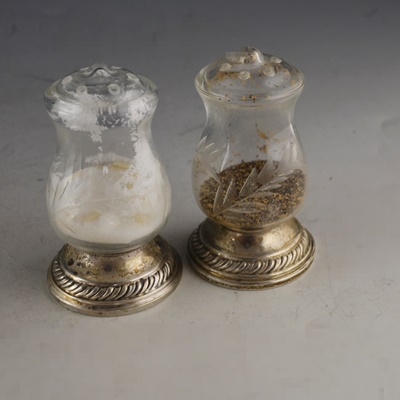 Two Weighted Sterling Compotes and Etched Salt and Pepper Shakers