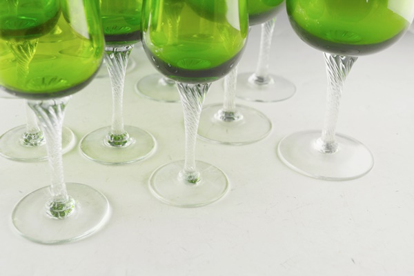 Green Crystal Water Goblets and Wine Glasses