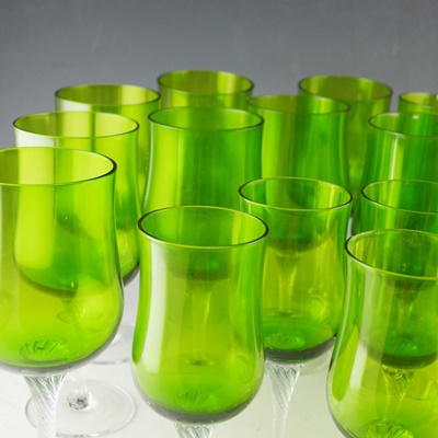 Green Crystal Water Goblets and Wine Glasses