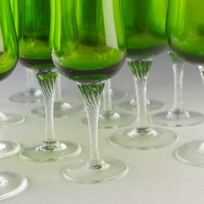 Green Crystal Water Goblets and Wine Glasses
