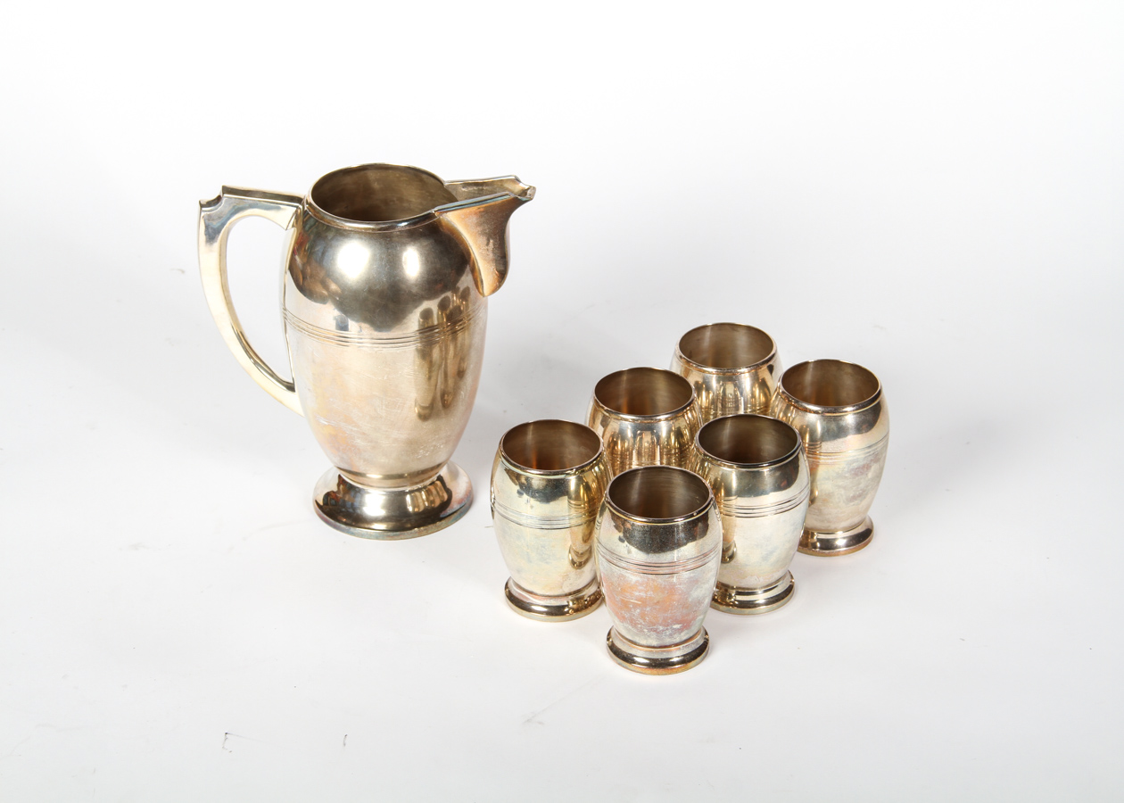 Silver Plate Pitcher with Six Cups