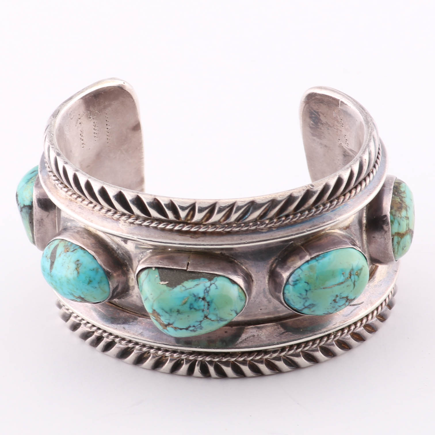 Carlos White Eagle Navajo Handmade Sterling Silver Turquoise Cuff Bracelet