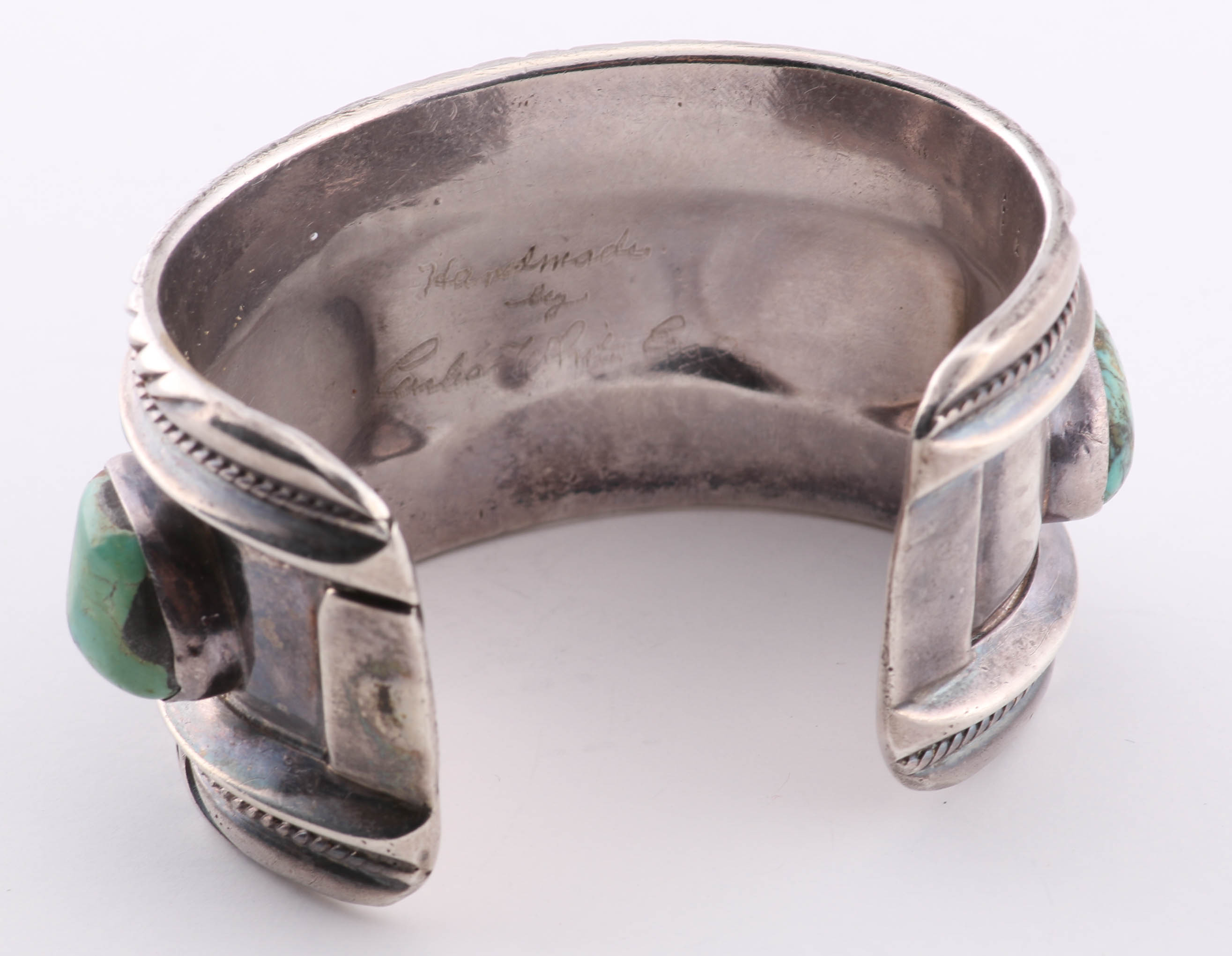 Carlos White Eagle Navajo Handmade Sterling Silver Turquoise Cuff Bracelet