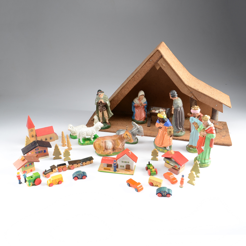 Vintage German Nativity and Wooden Austrian Village