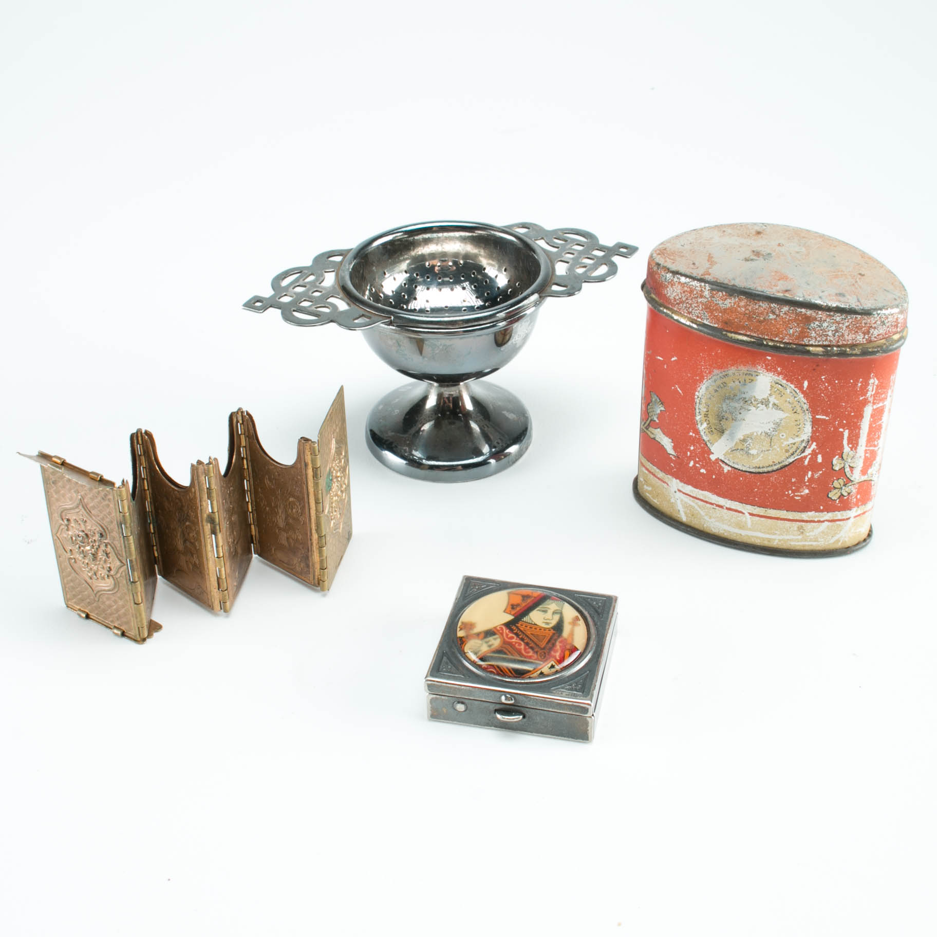 Antique Razor Blade Case, Queen of Hearts Pill Box, Coronation Bank, and Silver Plated Strainer