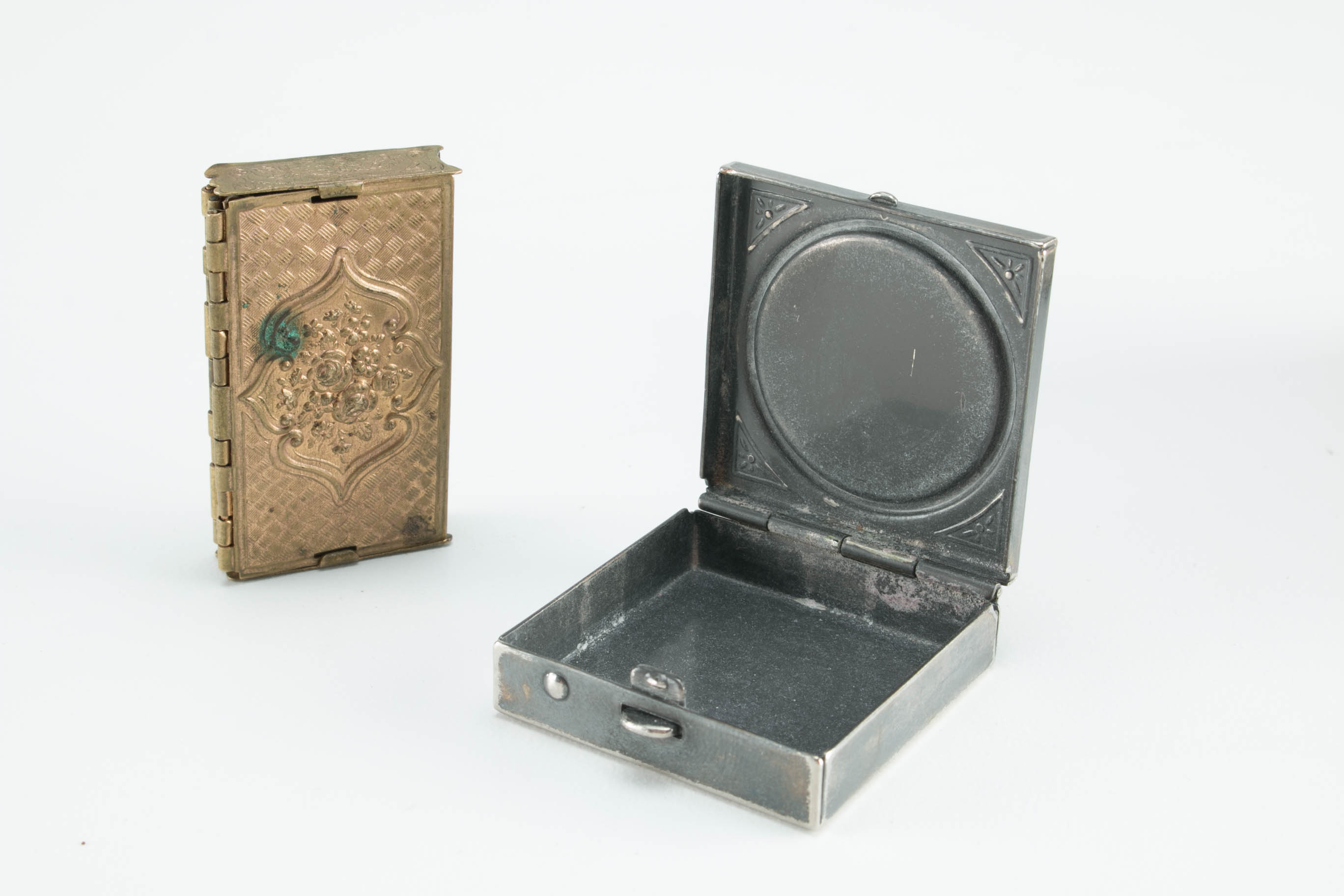 Antique Razor Blade Case, Queen of Hearts Pill Box, Coronation Bank, and Silver Plated Strainer