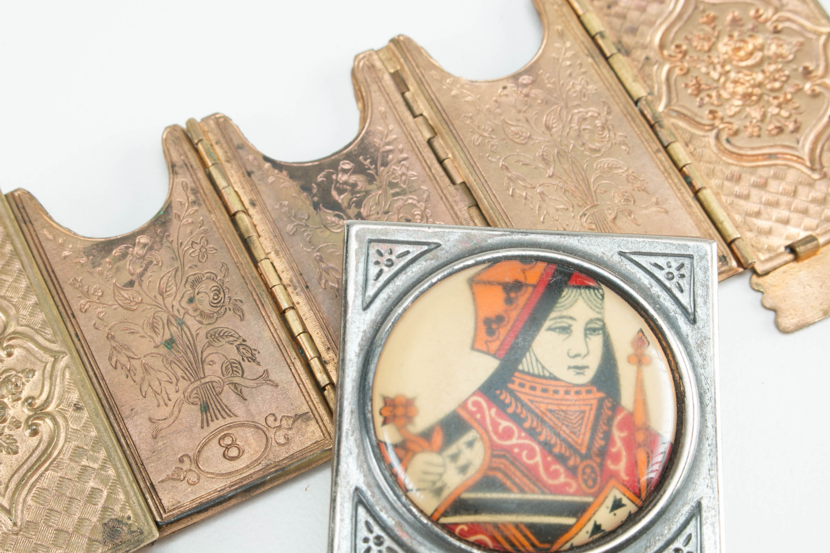 Antique Razor Blade Case, Queen of Hearts Pill Box, Coronation Bank, and Silver Plated Strainer