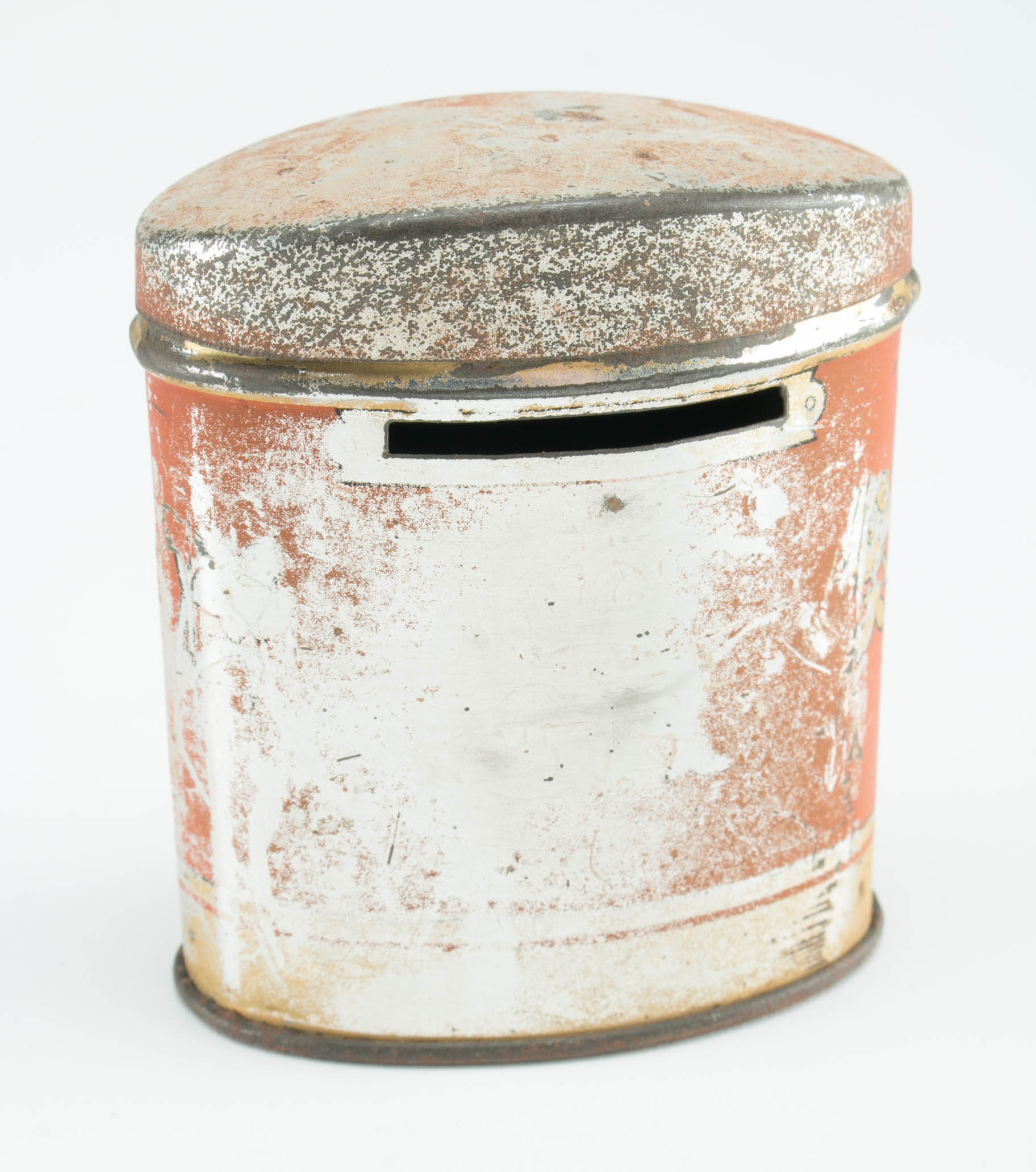 Antique Razor Blade Case, Queen of Hearts Pill Box, Coronation Bank, and Silver Plated Strainer