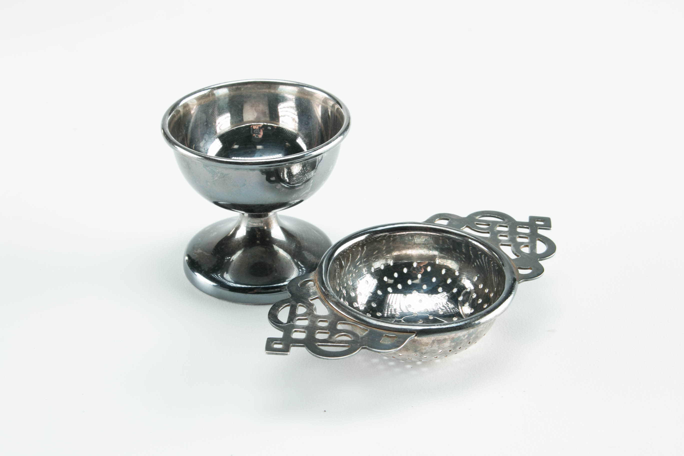 Antique Razor Blade Case, Queen of Hearts Pill Box, Coronation Bank, and Silver Plated Strainer