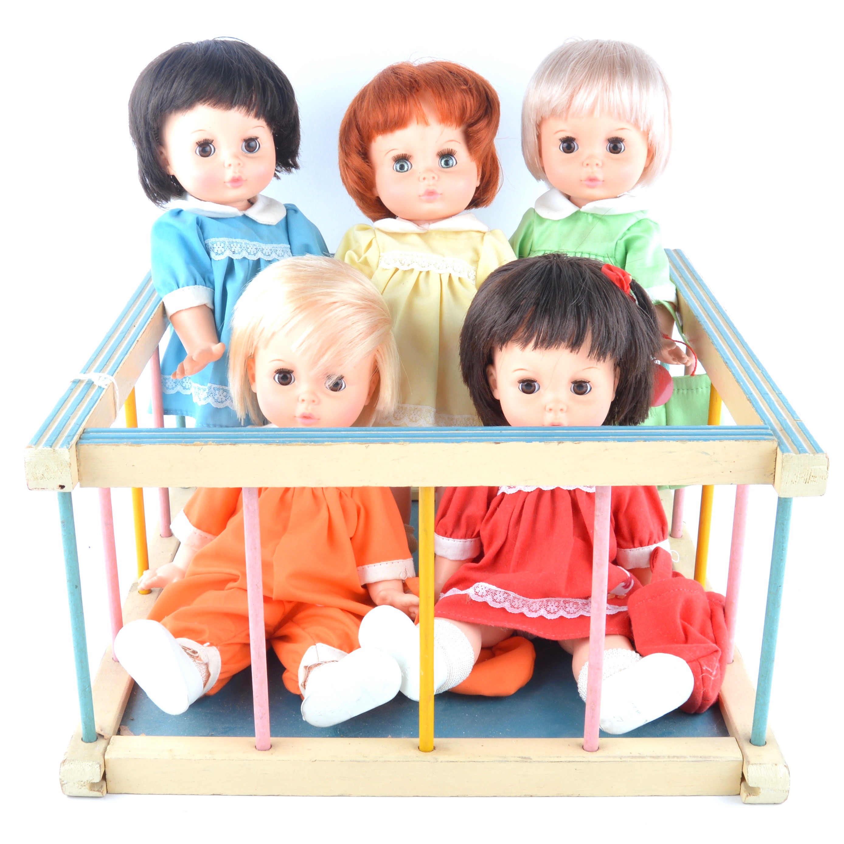 Set of Vintage Distinctive Dolls of Canada Rainbow Quints in Playpen
