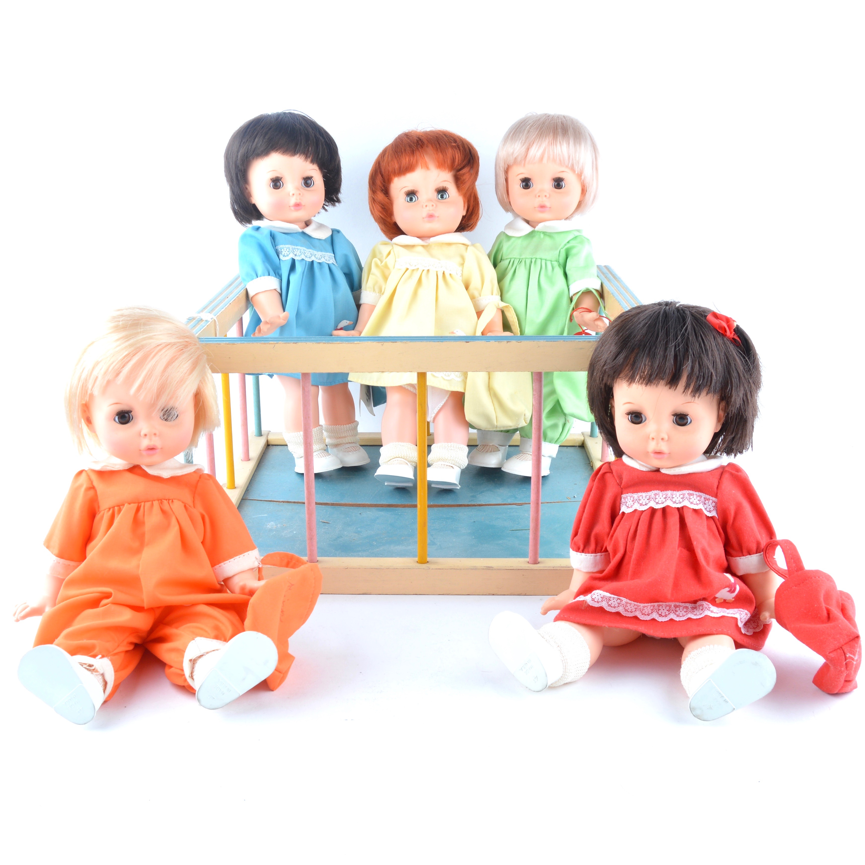 Set of Vintage Distinctive Dolls of Canada Rainbow Quints in Playpen