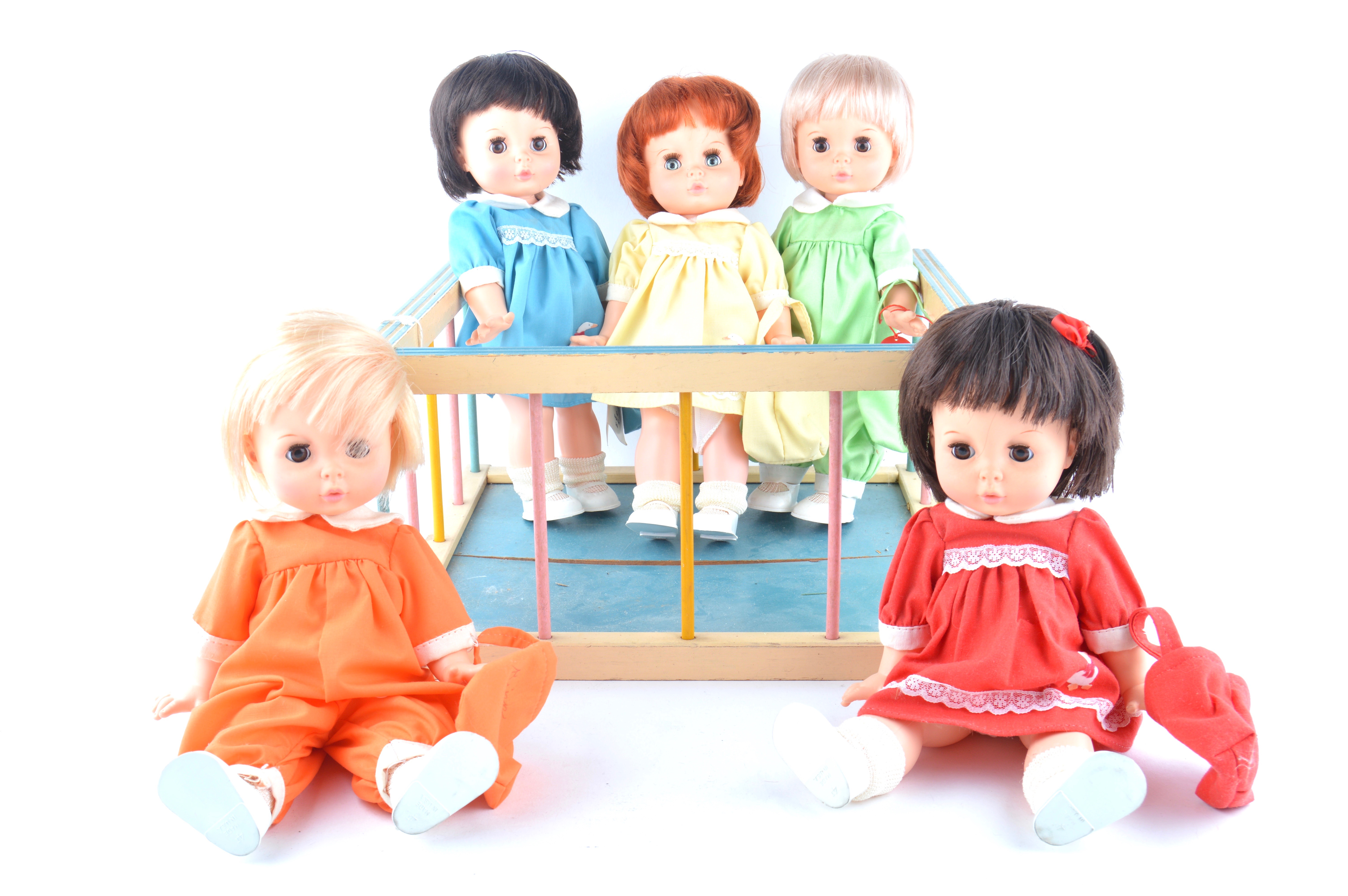 Set of Vintage Distinctive Dolls of Canada Rainbow Quints in Playpen