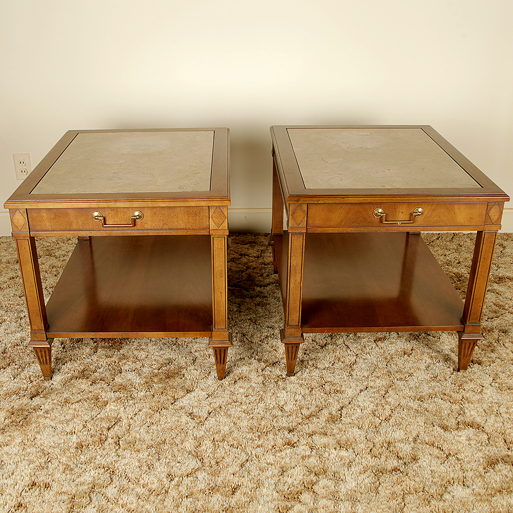 Matching Vintage Marble Inlaid Mahogany End Tables by Imperial Furniture