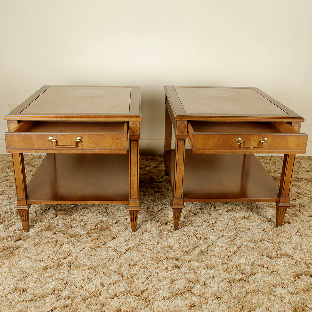Matching Vintage Marble Inlaid Mahogany End Tables by Imperial Furniture