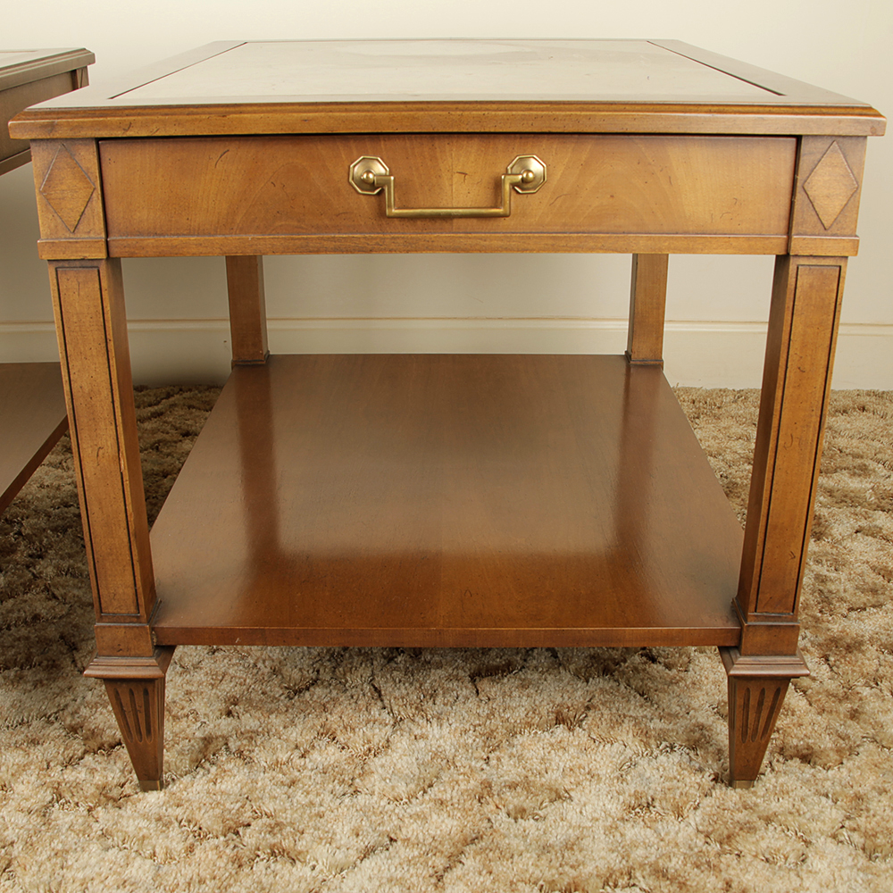 Matching Vintage Marble Inlaid Mahogany End Tables by Imperial Furniture