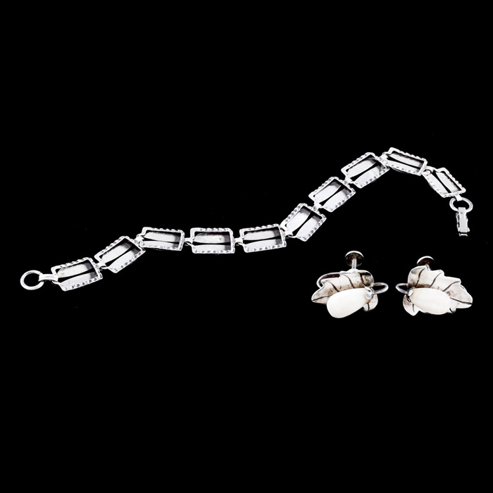 Vintage Beau Sterling Silver Link Bracelet and Mexican Silver and Glass Screw Back Foliate Earrings
