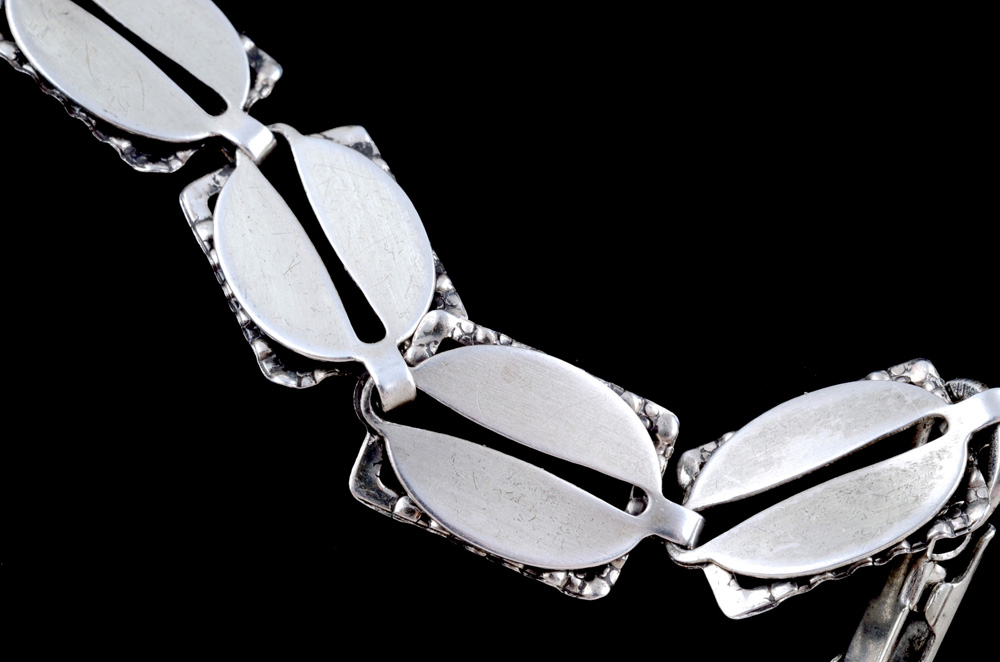 Vintage Beau Sterling Silver Link Bracelet and Mexican Silver and Glass Screw Back Foliate Earrings