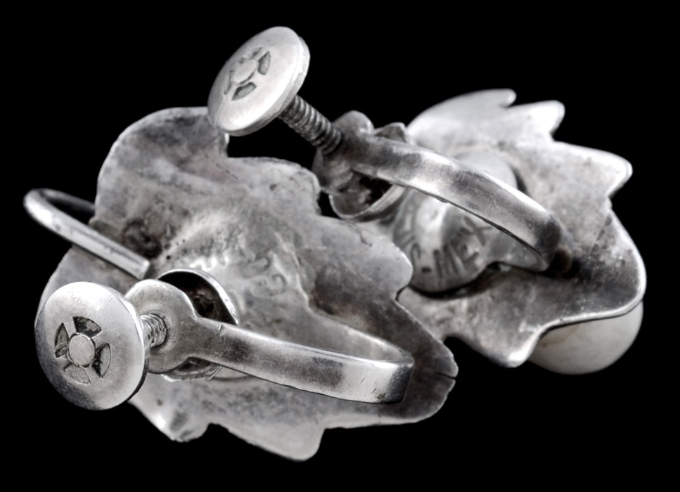 Vintage Beau Sterling Silver Link Bracelet and Mexican Silver and Glass Screw Back Foliate Earrings