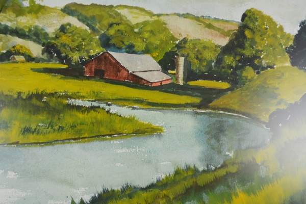 Joseph Baris Landscape Watercolor of Farm Scene