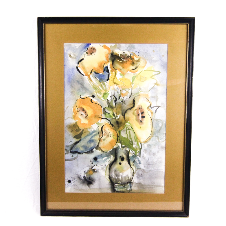 Vintage Floral Still Life Watercolor Signed Verna Elden