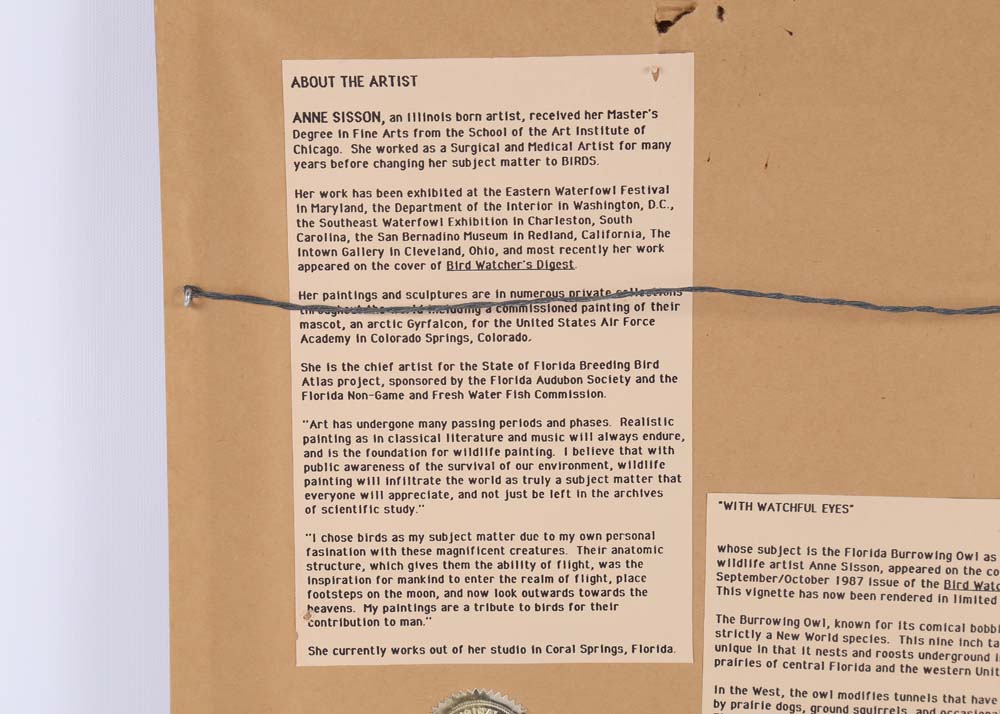 Anne Sisson "Burrowing Owl" Signed Offset Lithograph