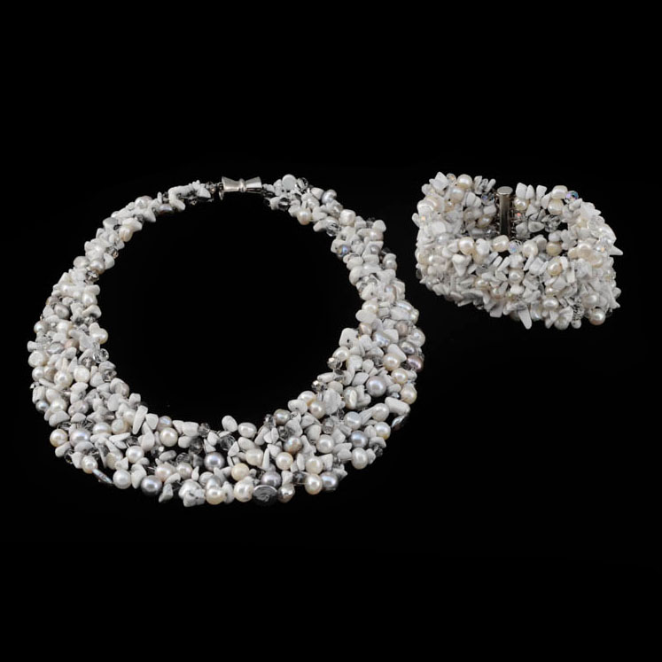 Demi-Parure Hand Strung Freshwater Pearl, White Howlite, and Faceted Cut Crystal Bead Necklace and Bracelet Set
