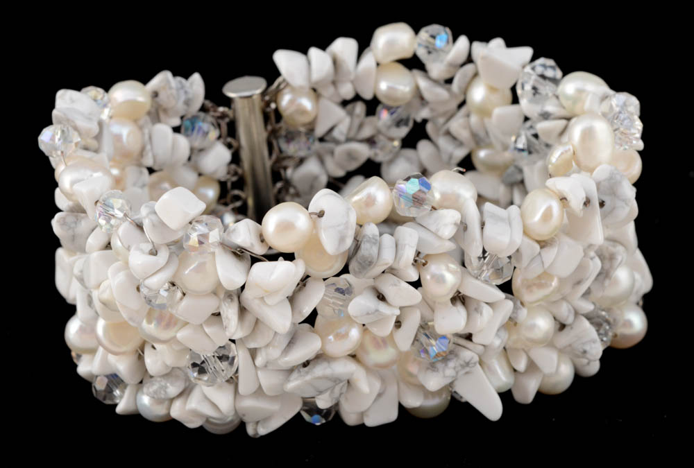 Demi-Parure Hand Strung Freshwater Pearl, White Howlite, and Faceted Cut Crystal Bead Necklace and Bracelet Set