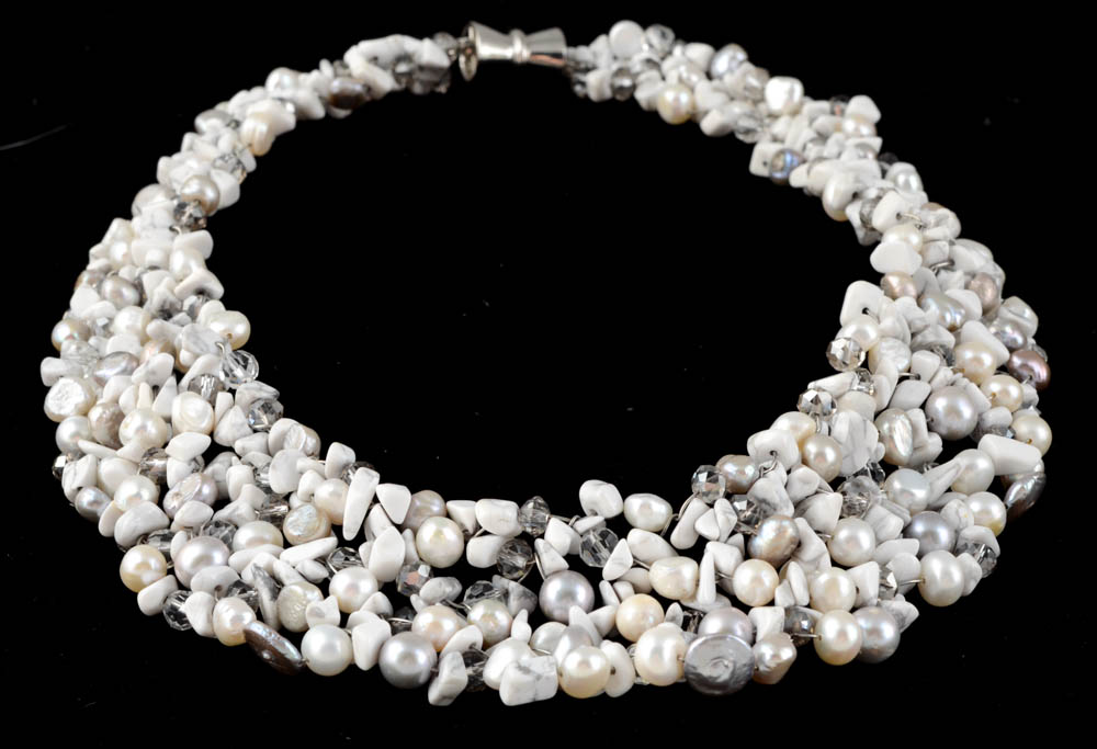 Demi-Parure Hand Strung Freshwater Pearl, White Howlite, and Faceted Cut Crystal Bead Necklace and Bracelet Set