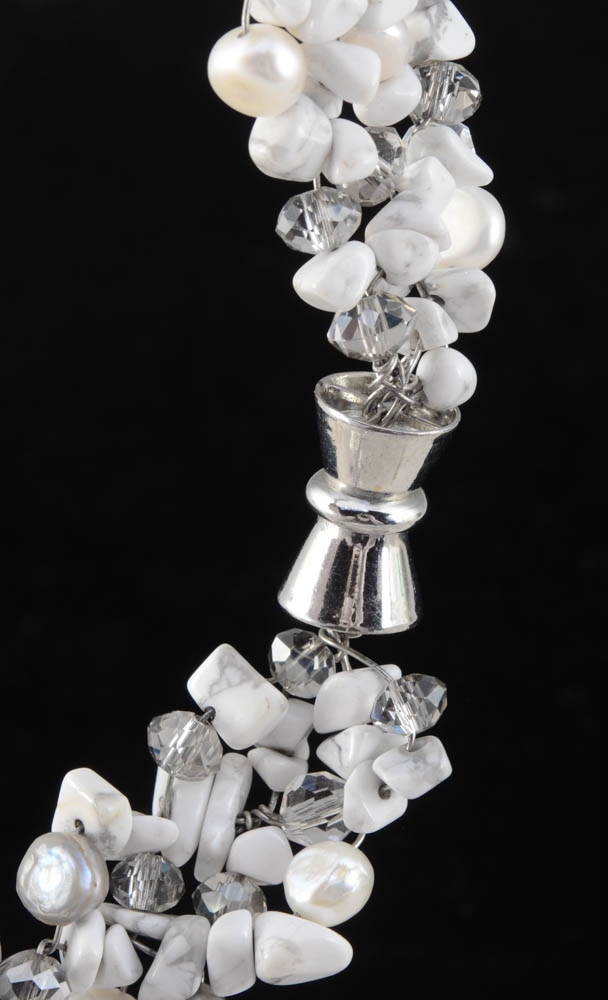 Demi-Parure Hand Strung Freshwater Pearl, White Howlite, and Faceted Cut Crystal Bead Necklace and Bracelet Set