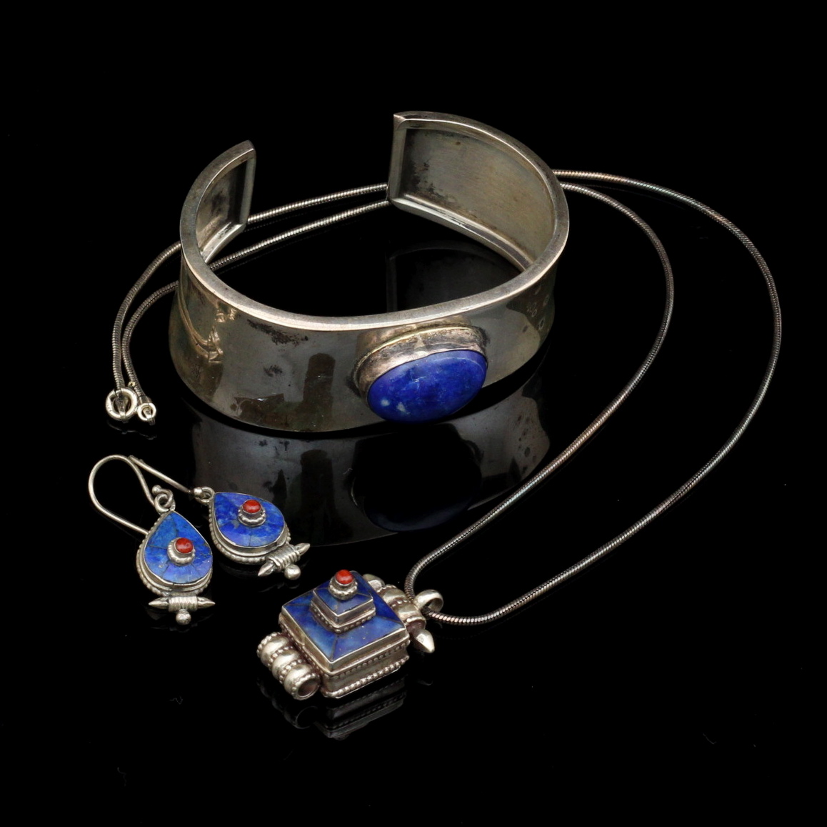 Sterling Silver Lapis Lazuli Pendant, Earrings and Cuff Bracelet