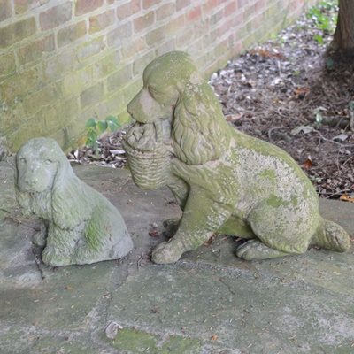 Concrete Planter and Pair of Concrete Spaniel Garden Statuary