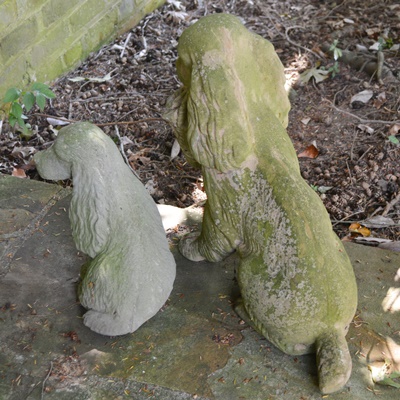 Concrete Planter and Pair of Concrete Spaniel Garden Statuary