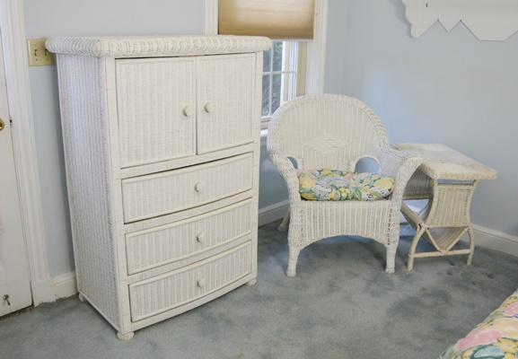 White Wicker Dresser/Cabinet, Chair and Side Table
