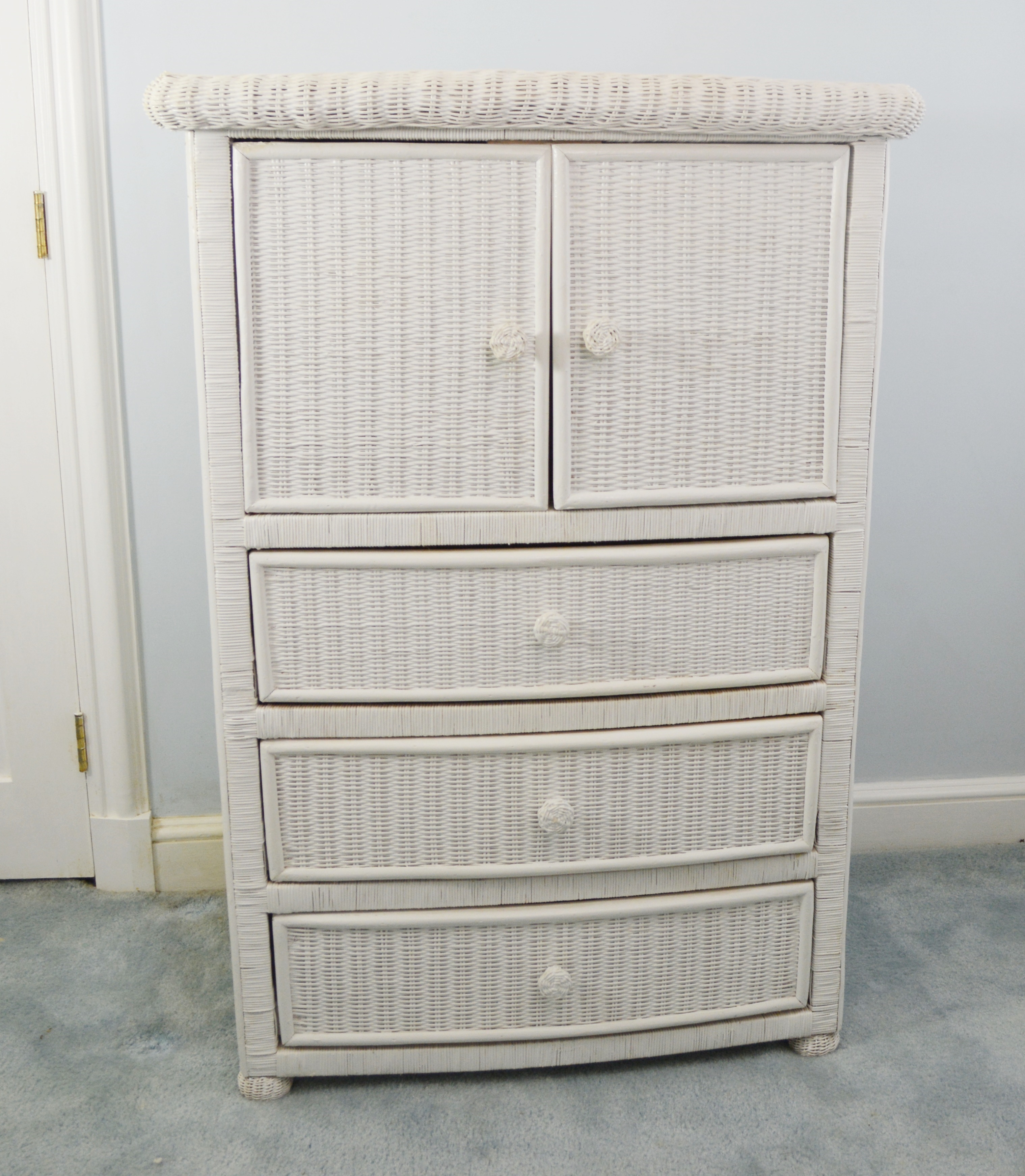 White Wicker Dresser/Cabinet, Chair and Side Table