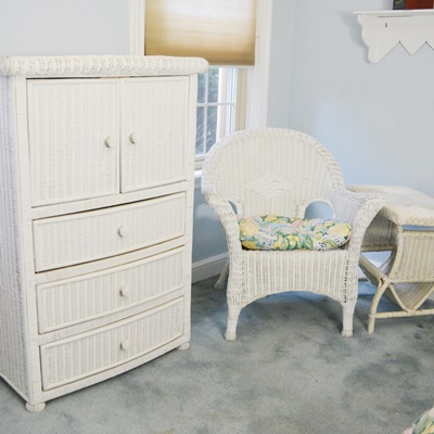 White Wicker Dresser/Cabinet, Chair and Side Table