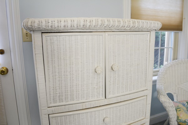White Wicker Dresser/Cabinet, Chair and Side Table