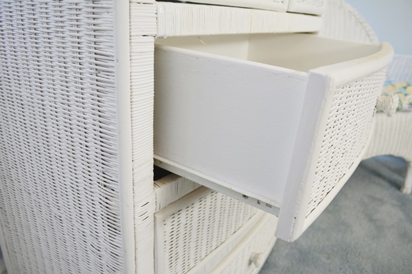 White Wicker Dresser/Cabinet, Chair and Side Table