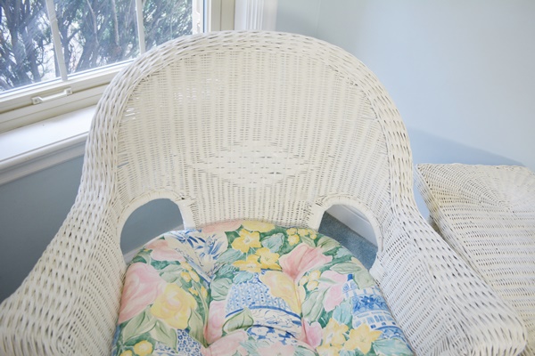 White Wicker Dresser/Cabinet, Chair and Side Table