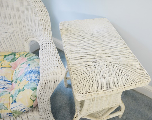 White Wicker Dresser/Cabinet, Chair and Side Table