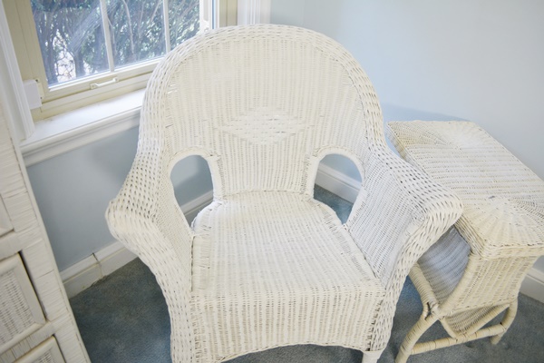 White Wicker Dresser/Cabinet, Chair and Side Table