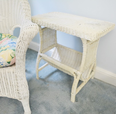 White Wicker Dresser/Cabinet, Chair and Side Table