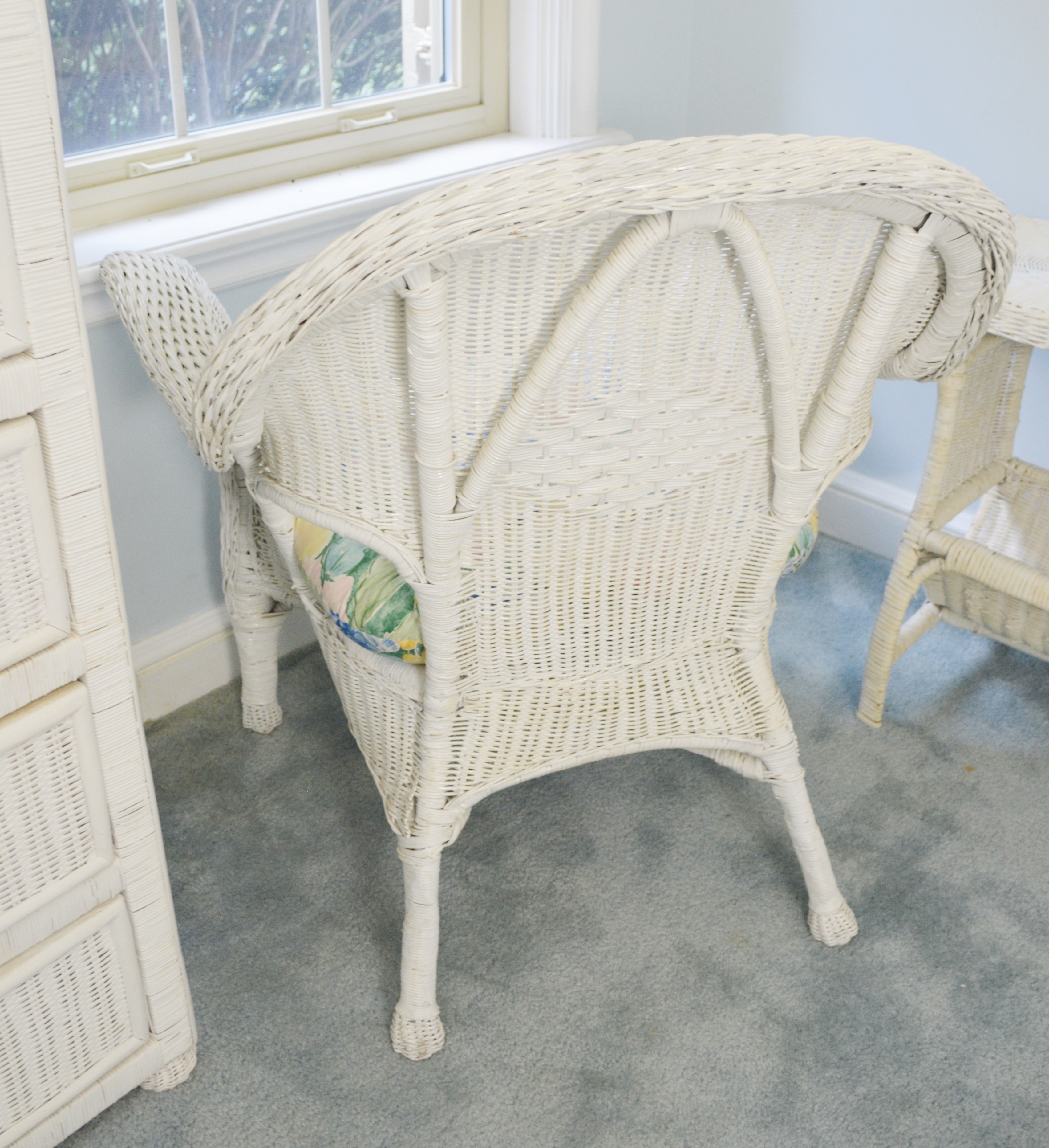White Wicker Dresser/Cabinet, Chair and Side Table