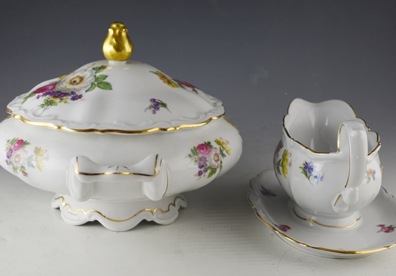 Mitterteich "Meissen Floral" Porcelain Covered Vegetable Dish and Gravy Boat