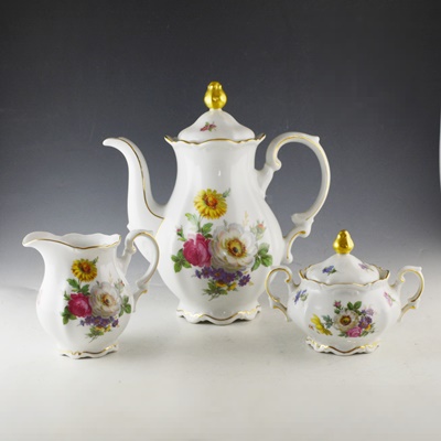 Mitterteich "Meissen Floral" Porcelain Teapot, Cream and Sugar Set