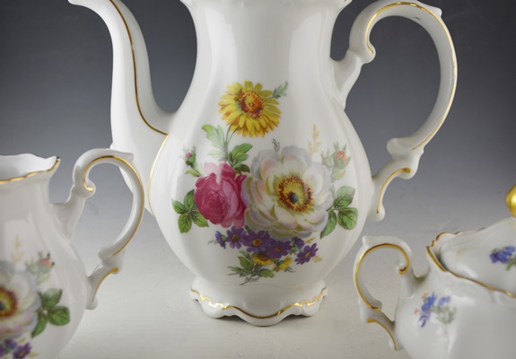 Mitterteich "Meissen Floral" Porcelain Teapot, Cream and Sugar Set
