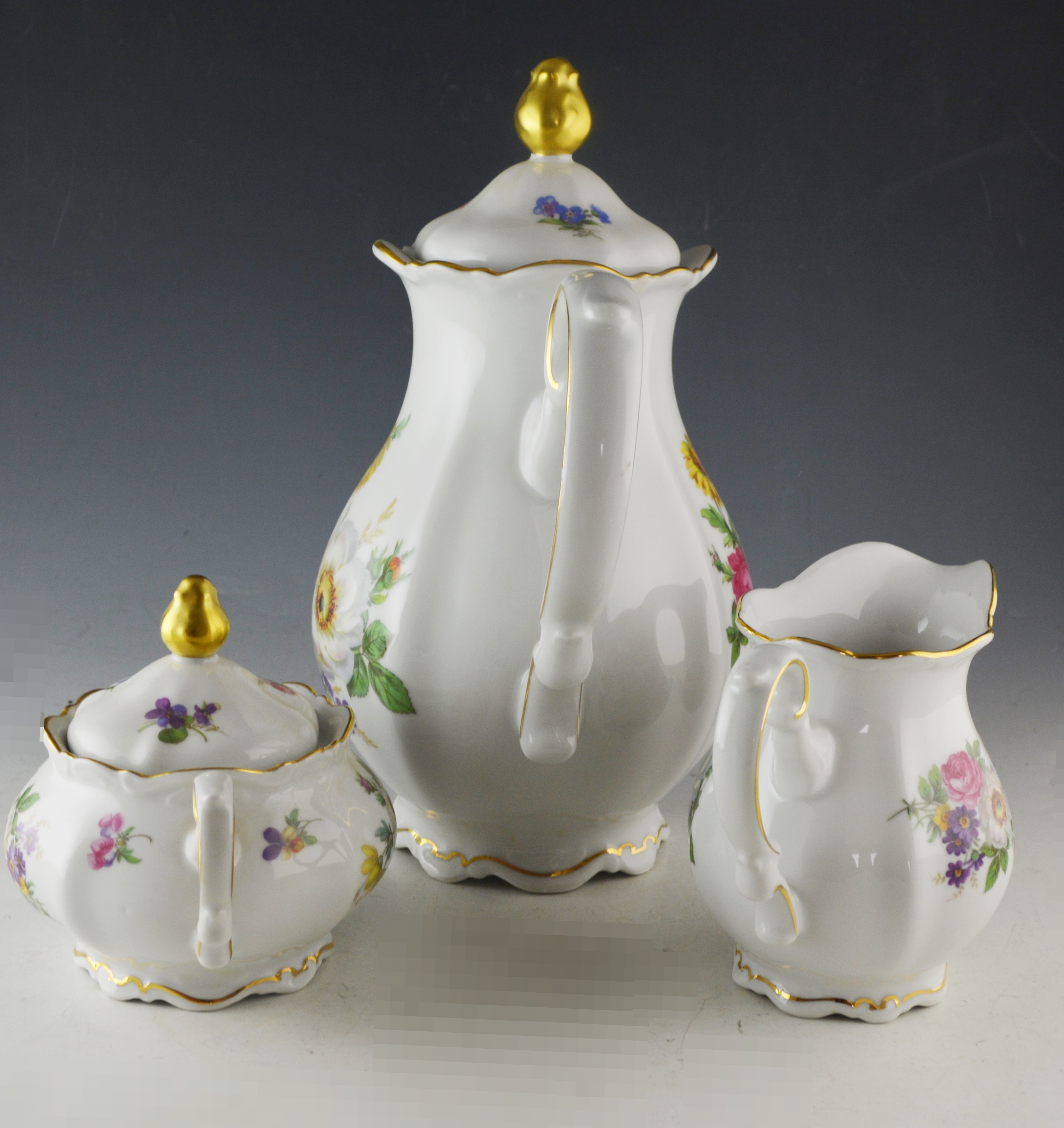 Mitterteich "Meissen Floral" Porcelain Teapot, Cream and Sugar Set