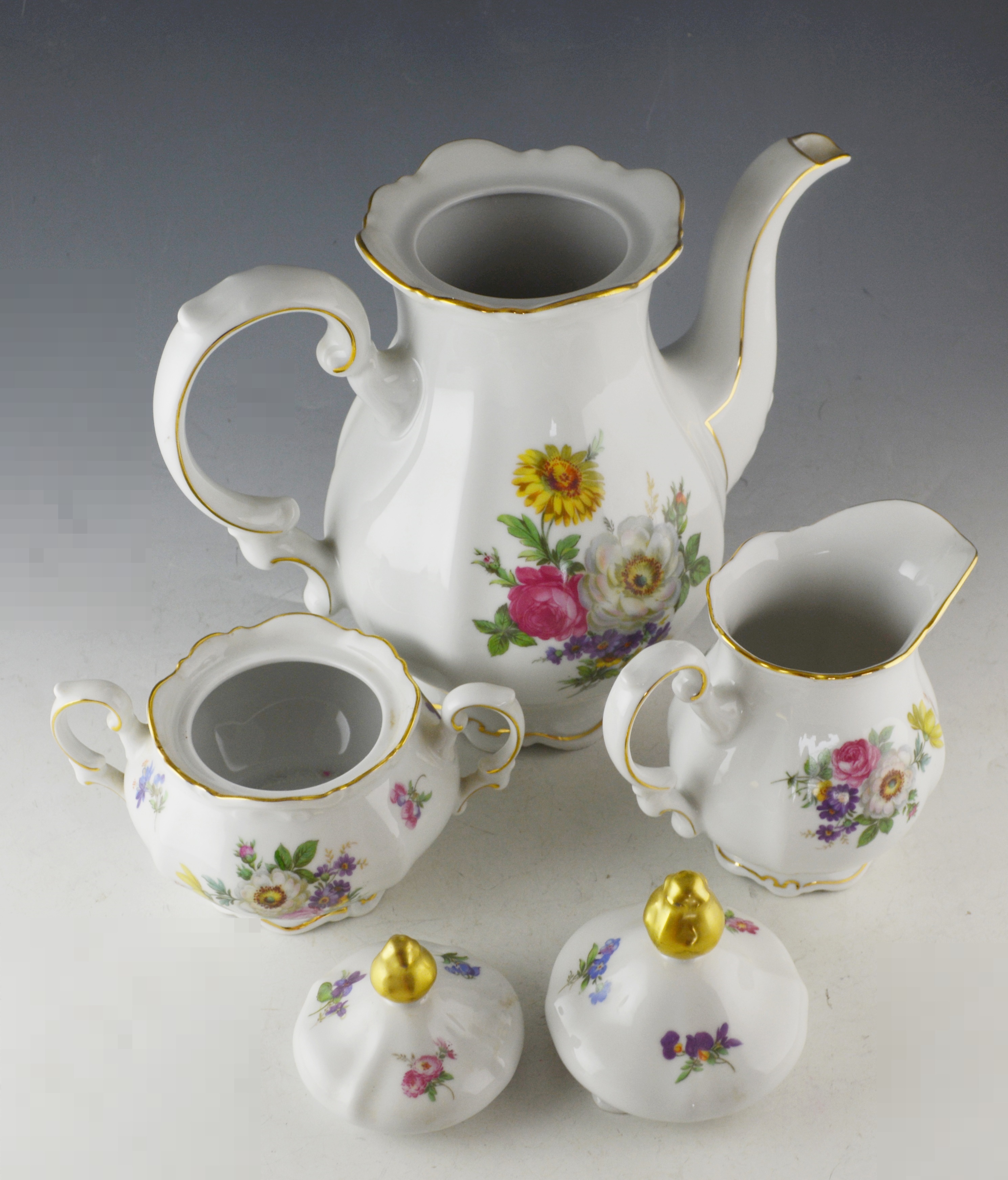 Mitterteich "Meissen Floral" Porcelain Teapot, Cream and Sugar Set