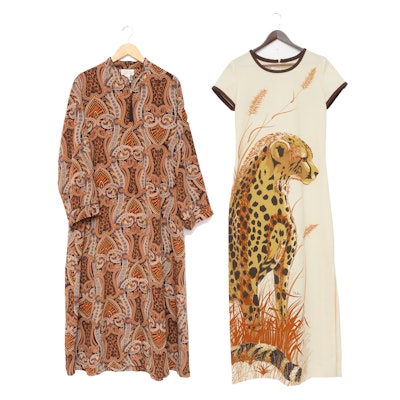 Vintage 1970s Alfred Shaheen Cheetah Maxi Dress and Judith Hart Animal Print Caftan Vintage 1970s Alfred Shaheen Cheetah Maxi Dress and Judith Hart Animal Print Caftan