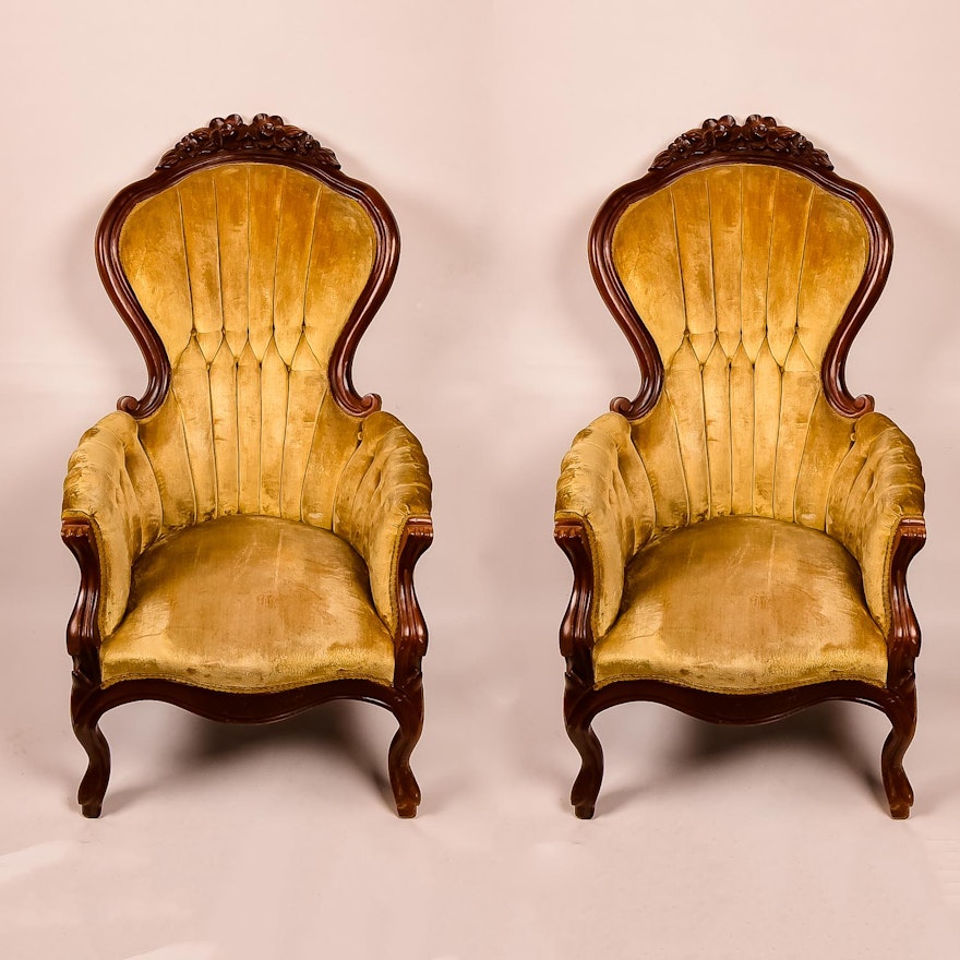 Pair of Velvet and Wood Carved Chairs