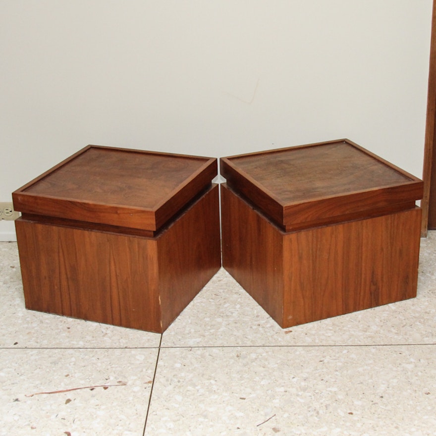 Pair of Handcrafted Wood Storage Side Tables